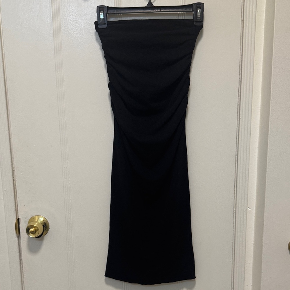 James Perse Black Strapless Ruched dress with back slit